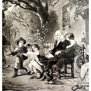 Grandpa's Carriage Steel Engraving 1859 Victorian Children Farmhouse Art DWY5F